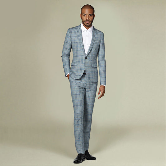 Grey # Men's slim fit 2-piece plaid stripe casual suit with notched lapel and single-breasted closure, grey checkered blazer jacket with 3D tailored cut and matching trousers, versatile business and casual wear for office, wedding, party and daily occasions, isolated on white background.