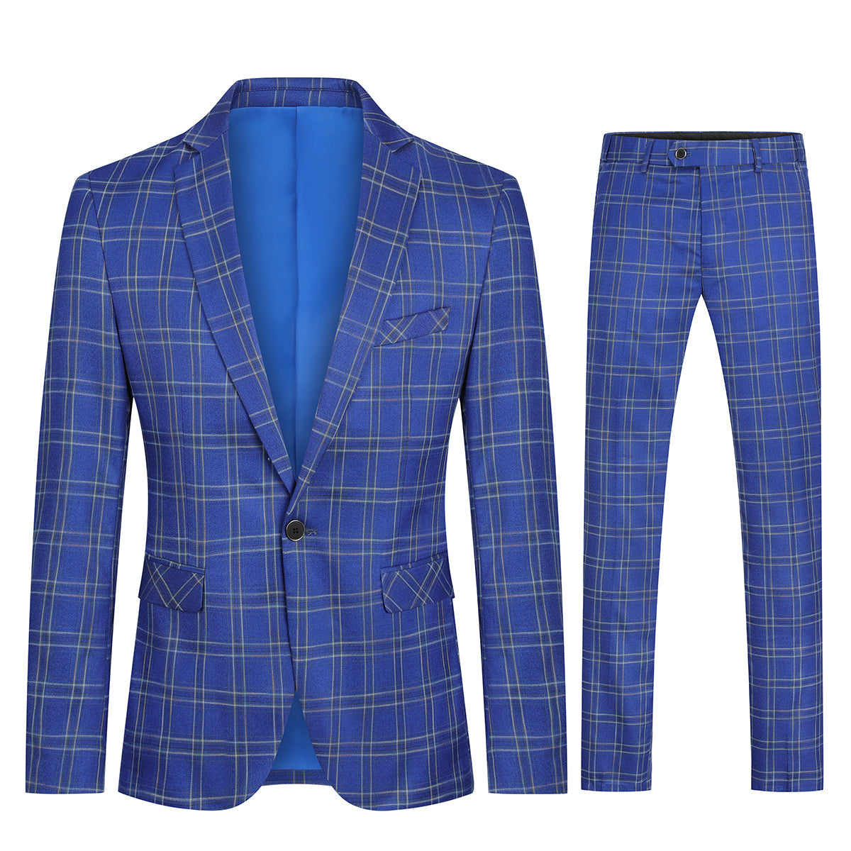 Blue # Men's slim fit plaid stripe suit, 2-piece casual blazer jacket with matching trousers, notched lapel single-breasted design in blue checkered pattern, versatile business and casual wear for office, wedding, party and daily events, isolated on white background.