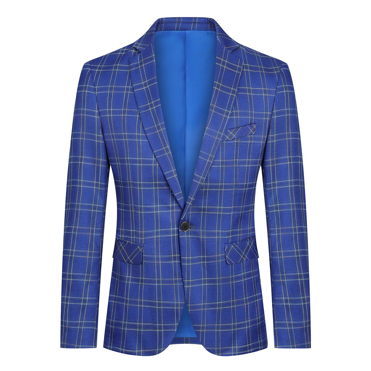Blue # Men's slim fit plaid stripe suit, 2-piece casual blazer jacket with matching trousers, notched lapel single-breasted design in blue checkered pattern, versatile business and casual wear for office, wedding, party and daily events, isolated on white background.