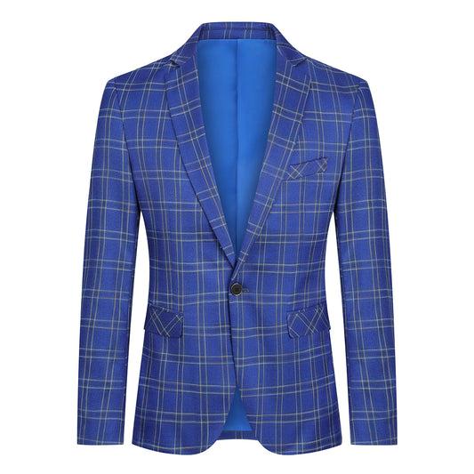 Blue # Men's slim fit plaid stripe suit, 2-piece casual blazer jacket with matching trousers, notched lapel single-breasted design in blue checkered pattern, versatile business and casual wear for office, wedding, party and daily events, isolated on white background.