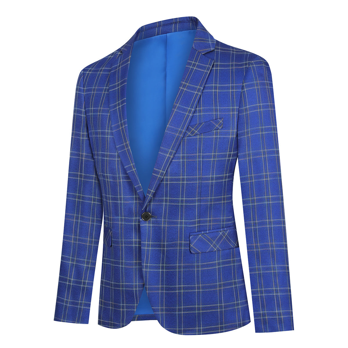 Blue # Men's slim fit plaid stripe suit, 2-piece casual blazer jacket with matching trousers, notched lapel single-breasted design in blue checkered pattern, versatile business and casual wear for office, wedding, party and daily events, isolated on white background.