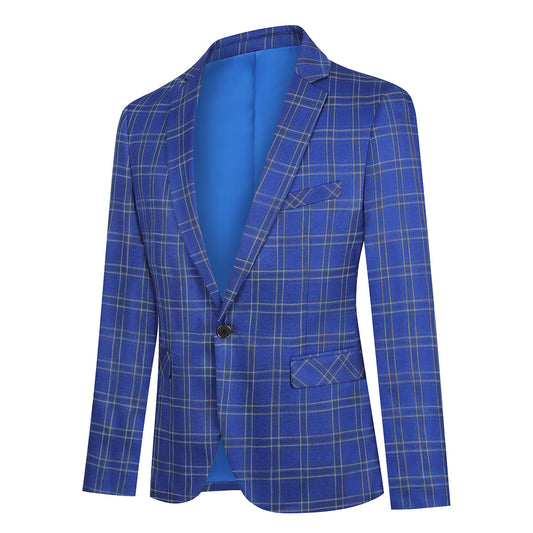 Blue # Men's slim fit plaid stripe suit, 2-piece casual blazer jacket with matching trousers, notched lapel single-breasted design in blue checkered pattern, versatile business and casual wear for office, wedding, party and daily events, isolated on white background.