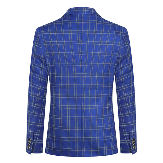 Blue # Men's slim fit plaid stripe suit, 2-piece casual blazer jacket with matching trousers, notched lapel single-breasted design in blue checkered pattern, versatile business and casual wear for office, wedding, party and daily events, isolated on white background.