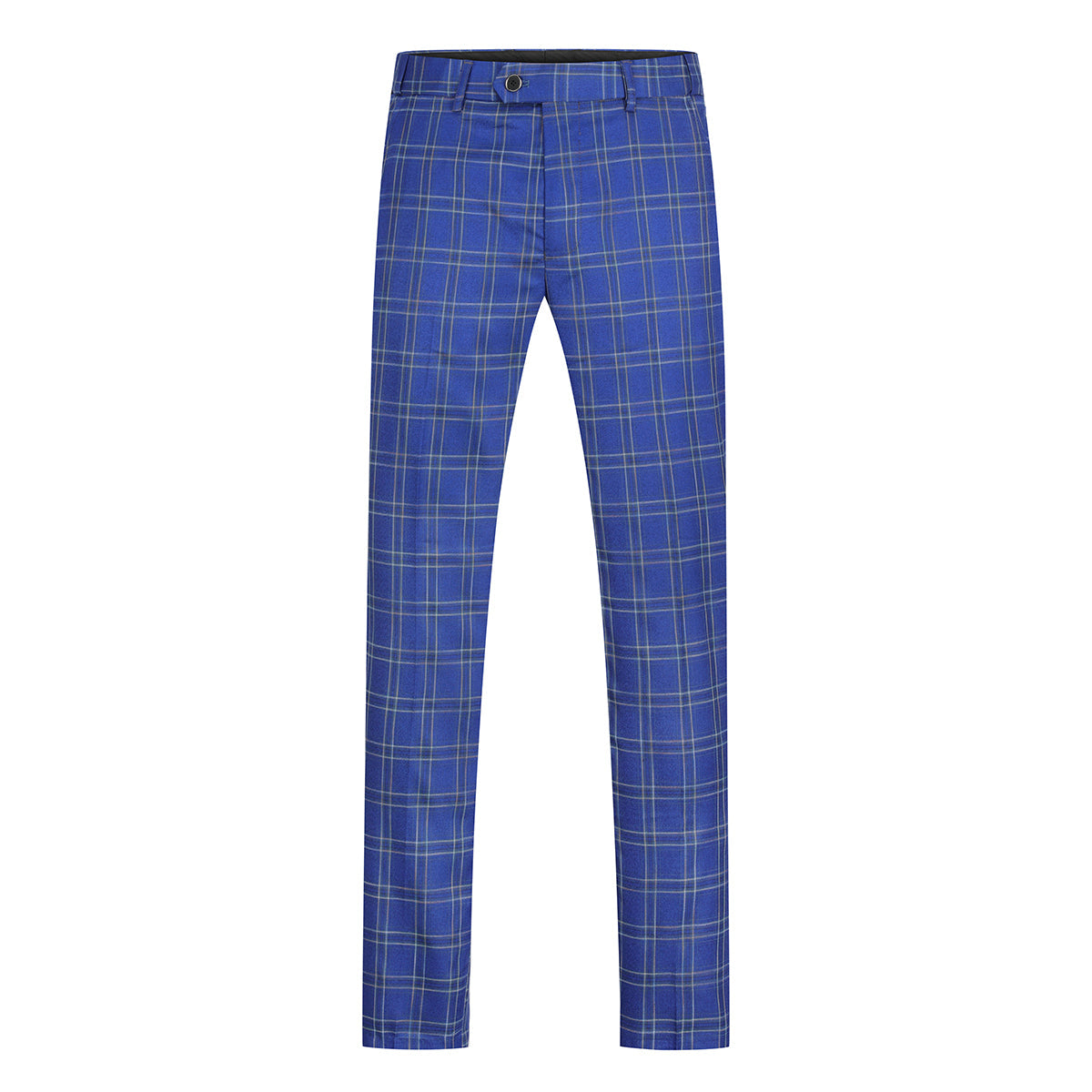 Blue # Men's slim fit plaid stripe suit, 2-piece casual blazer jacket with matching trousers, notched lapel single-breasted design in blue checkered pattern, versatile business and casual wear for office, wedding, party and daily events, isolated on white background.