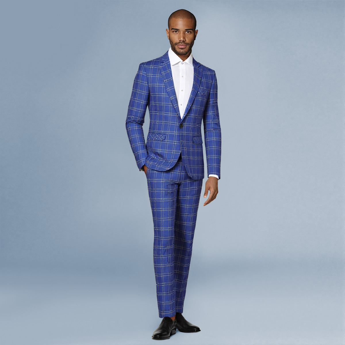 Blue # Men's slim fit plaid stripe suit, 2-piece casual blazer jacket with matching trousers, notched lapel single-breasted design in blue checkered pattern, versatile business and casual wear for office, wedding, party and daily events, isolated on white background.