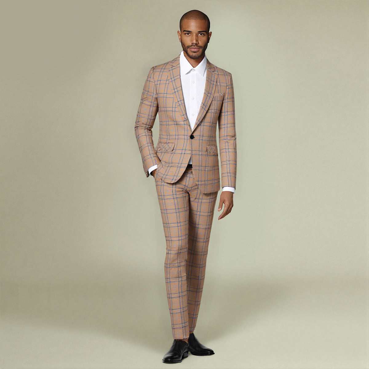 Deep Khaki # Men's slim fit 2-piece plaid stripe casual suit with notched lapel and single-breasted closure, deep khaki checkered blazer jacket with matching trousers, versatile business and casual wear for office, wedding, party and daily events, isolated on white background.