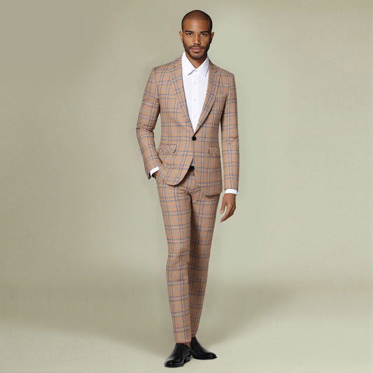 Deep Khaki # Men's slim fit 2-piece plaid stripe casual suit with notched lapel and single-breasted closure, deep khaki checkered blazer jacket with matching trousers, versatile business and casual wear for office, wedding, party and daily events, isolated on white background.