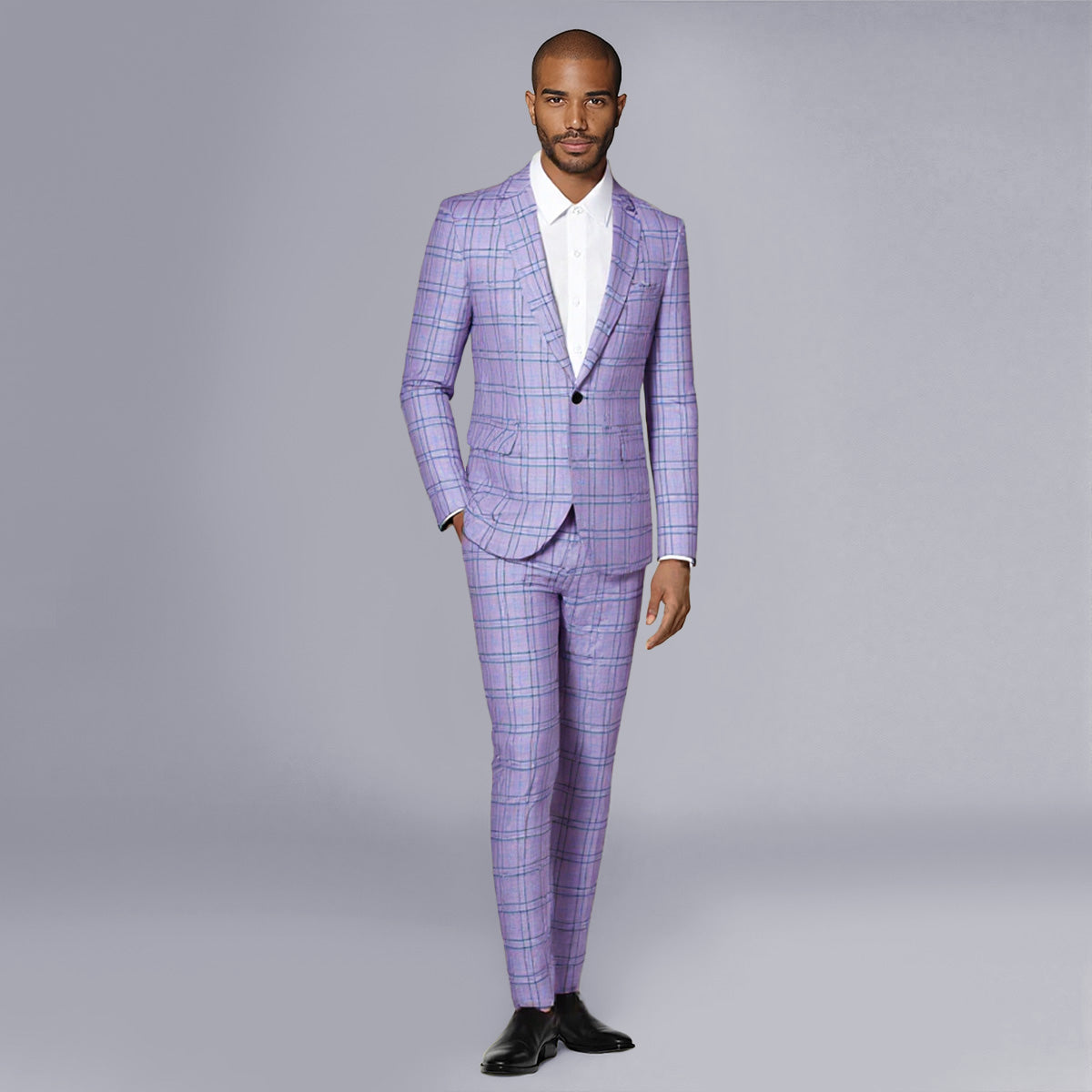 Purple # Men's slim fit 2-piece plaid stripe suit with notched lapel and single-breasted closure, purple checkered casual blazer jacket with matching trousers, stylish business and casual wear for office, wedding, party and daily events, isolated on white background.