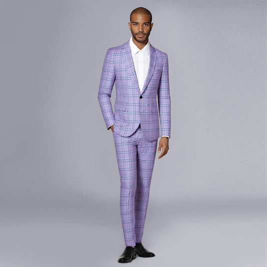 Purple # Men's slim fit 2-piece plaid stripe suit with notched lapel and single-breasted closure, purple checkered casual blazer jacket with matching trousers, stylish business and casual wear for office, wedding, party and daily events, isolated on white background.