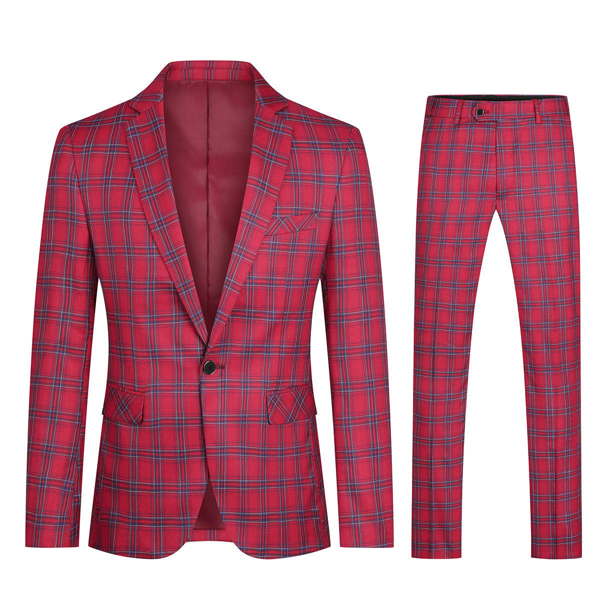 Red # Men's slim fit plaid stripe suit, 2-piece casual blazer jacket with matching trousers, notched lapel single-breasted design in red checkered pattern, versatile business and casual wear for office, wedding, party and daily events, isolated on white background.