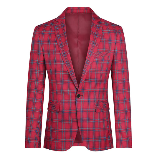 Red # Men's slim fit plaid stripe suit, 2-piece casual blazer jacket with matching trousers, notched lapel single-breasted design in red checkered pattern, versatile business and casual wear for office, wedding, party and daily events, isolated on white background.
