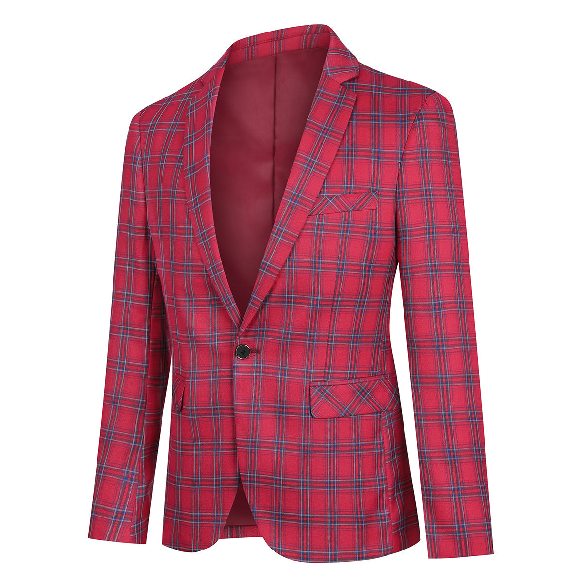 Red # Men's slim fit plaid stripe suit, 2-piece casual blazer jacket with matching trousers, notched lapel single-breasted design in red checkered pattern, versatile business and casual wear for office, wedding, party and daily events, isolated on white background.