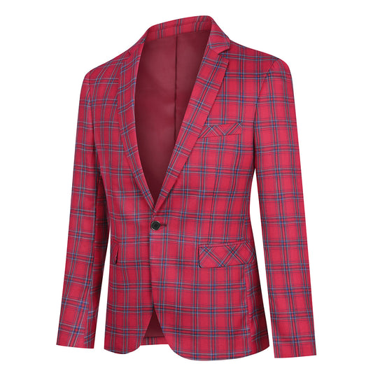 Red # Men's slim fit plaid stripe suit, 2-piece casual blazer jacket with matching trousers, notched lapel single-breasted design in red checkered pattern, versatile business and casual wear for office, wedding, party and daily events, isolated on white background.