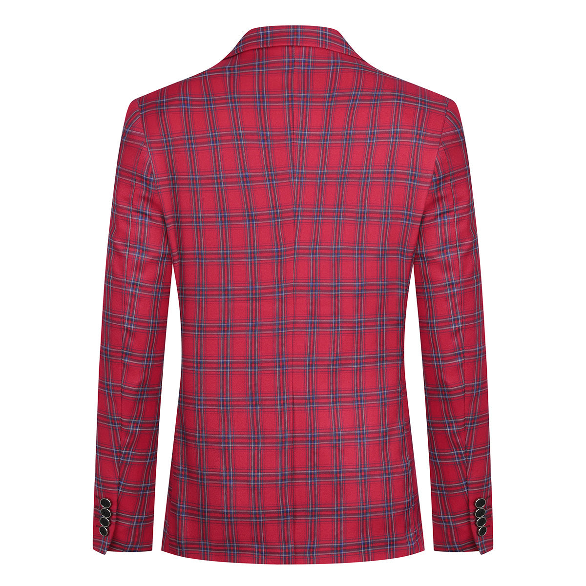 Red # Men's slim fit plaid stripe suit, 2-piece casual blazer jacket with matching trousers, notched lapel single-breasted design in red checkered pattern, versatile business and casual wear for office, wedding, party and daily events, isolated on white background.