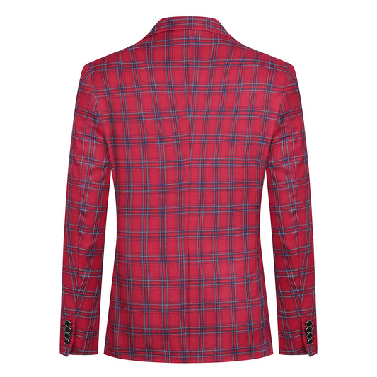 Red # Men's slim fit plaid stripe suit, 2-piece casual blazer jacket with matching trousers, notched lapel single-breasted design in red checkered pattern, versatile business and casual wear for office, wedding, party and daily events, isolated on white background.