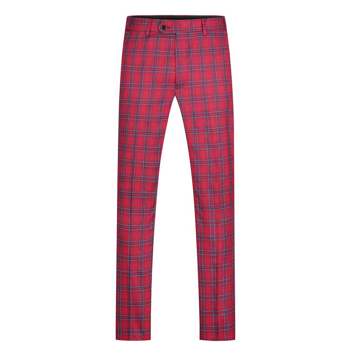Red # Men's slim fit plaid stripe suit, 2-piece casual blazer jacket with matching trousers, notched lapel single-breasted design in red checkered pattern, versatile business and casual wear for office, wedding, party and daily events, isolated on white background.