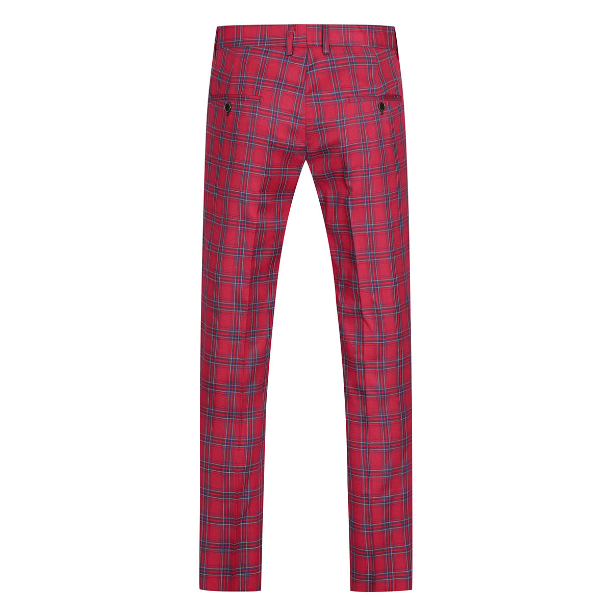 Red # Men's slim fit plaid stripe suit, 2-piece casual blazer jacket with matching trousers, notched lapel single-breasted design in red checkered pattern, versatile business and casual wear for office, wedding, party and daily events, isolated on white background.