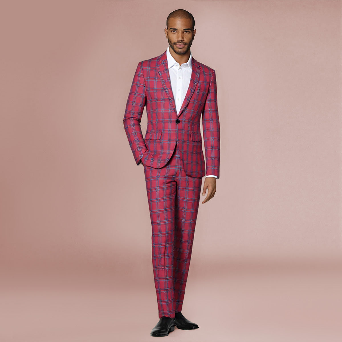 Red # Men's slim fit plaid stripe suit, 2-piece casual blazer jacket with matching trousers, notched lapel single-breasted design in red checkered pattern, versatile business and casual wear for office, wedding, party and daily events, isolated on white background.