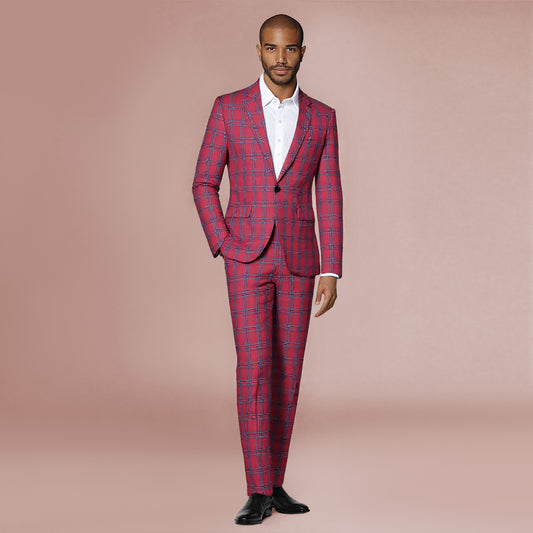 Red # Men's slim fit plaid stripe suit, 2-piece casual blazer jacket with matching trousers, notched lapel single-breasted design in red checkered pattern, versatile business and casual wear for office, wedding, party and daily events, isolated on white background.