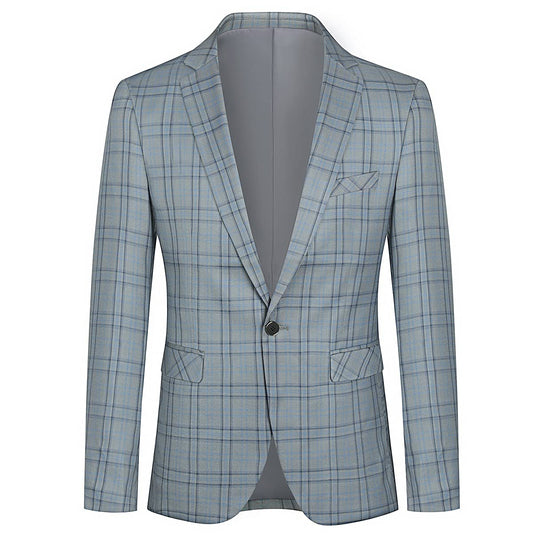 Grey # Men's slim fit 1-button plaid suit blazer, single-breasted notched lapel sport coat with tweed-style checkered pattern, versatile grey plaid jacket for business, wedding, prom, party, banquet and daily wear, isolated on white background.