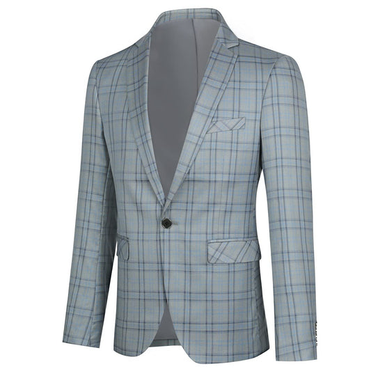 Grey # Men's slim fit 1-button plaid suit blazer, single-breasted notched lapel sport coat with tweed-style checkered pattern, versatile grey plaid jacket for business, wedding, prom, party, banquet and daily wear, isolated on white background.