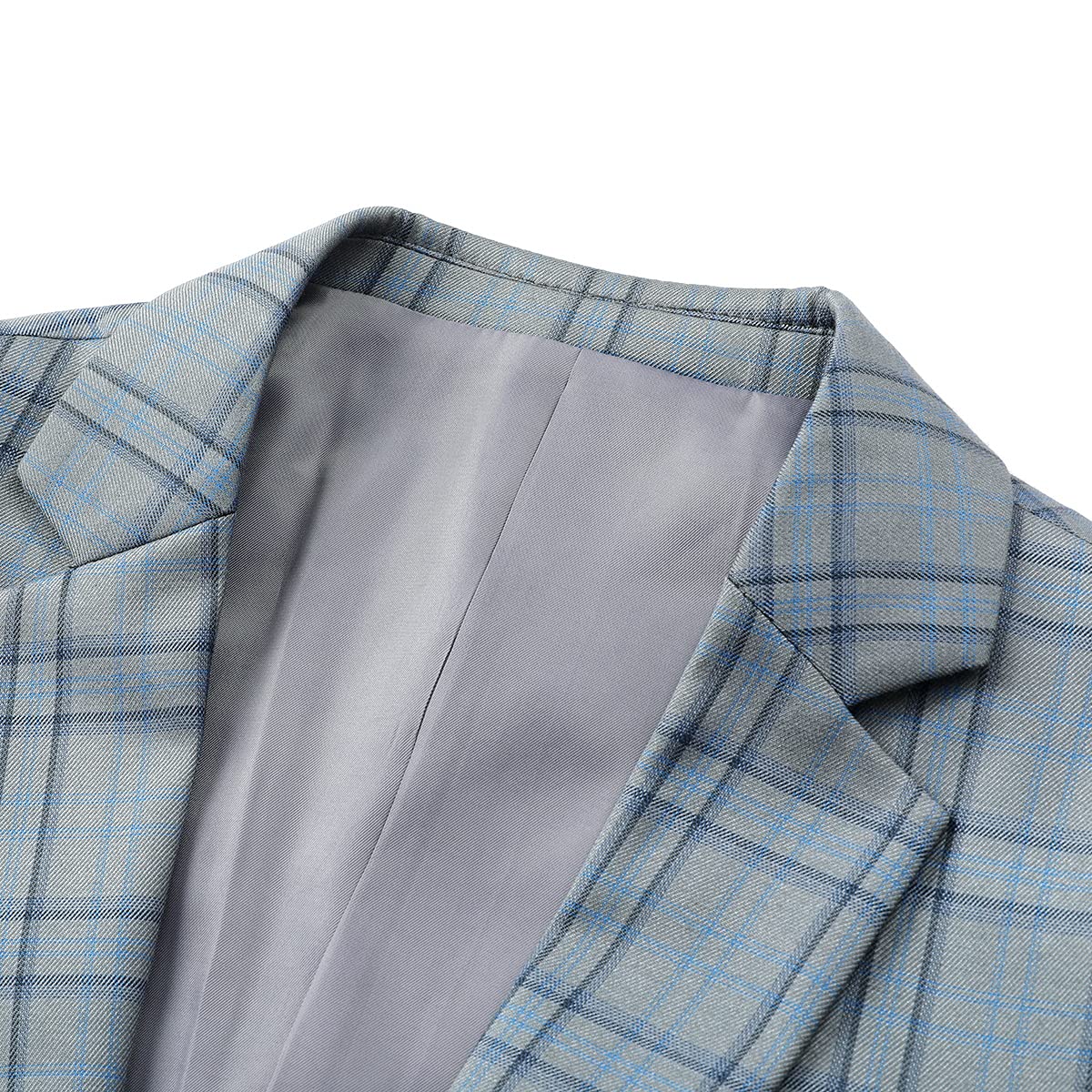 Grey # Men's slim fit 1-button plaid suit blazer, single-breasted notched lapel sport coat with tweed-style checkered pattern, versatile grey plaid jacket for business, wedding, prom, party, banquet and daily wear, isolated on white background.