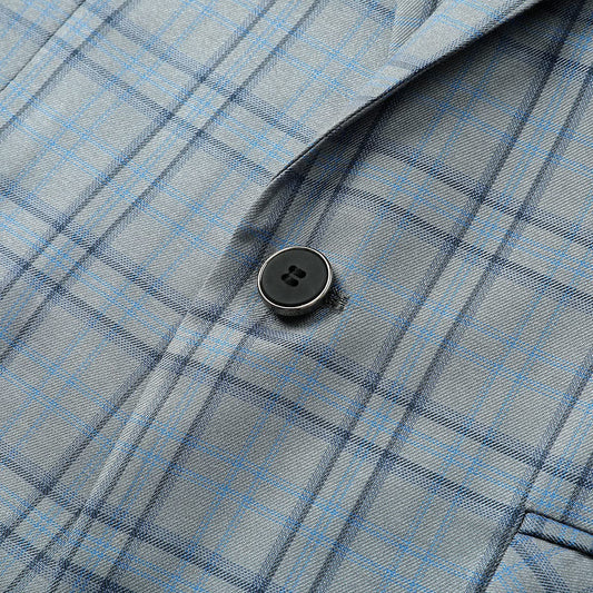 Grey # Men's slim fit 1-button plaid suit blazer, single-breasted notched lapel sport coat with tweed-style checkered pattern, versatile grey plaid jacket for business, wedding, prom, party, banquet and daily wear, isolated on white background.
