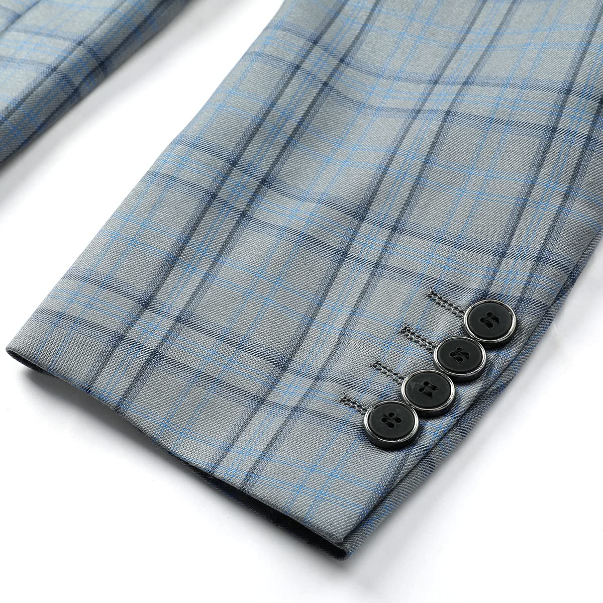 Grey # Men's slim fit 1-button plaid suit blazer, single-breasted notched lapel sport coat with tweed-style checkered pattern, versatile grey plaid jacket for business, wedding, prom, party, banquet and daily wear, isolated on white background.