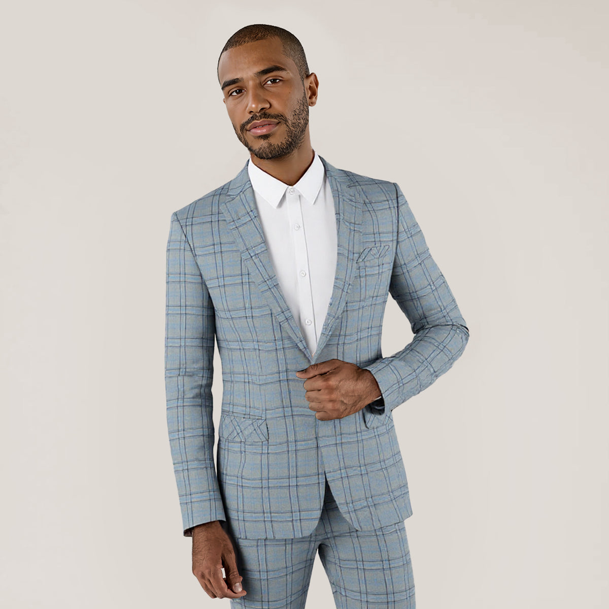 Grey # Men's slim fit 1-button plaid suit blazer, single-breasted notched lapel sport coat with tweed-style checkered pattern, versatile grey plaid jacket for business, wedding, prom, party, banquet and daily wear, isolated on white background.