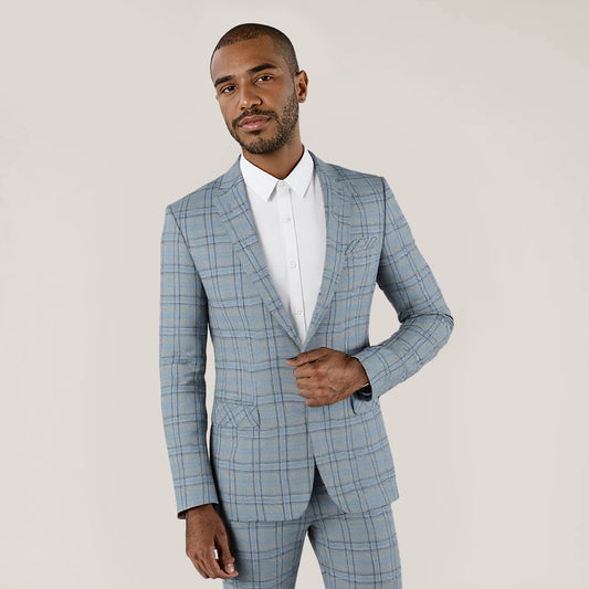 Grey # Men's slim fit 1-button plaid suit blazer, single-breasted notched lapel sport coat with tweed-style checkered pattern, versatile grey plaid jacket for business, wedding, prom, party, banquet and daily wear, isolated on white background.