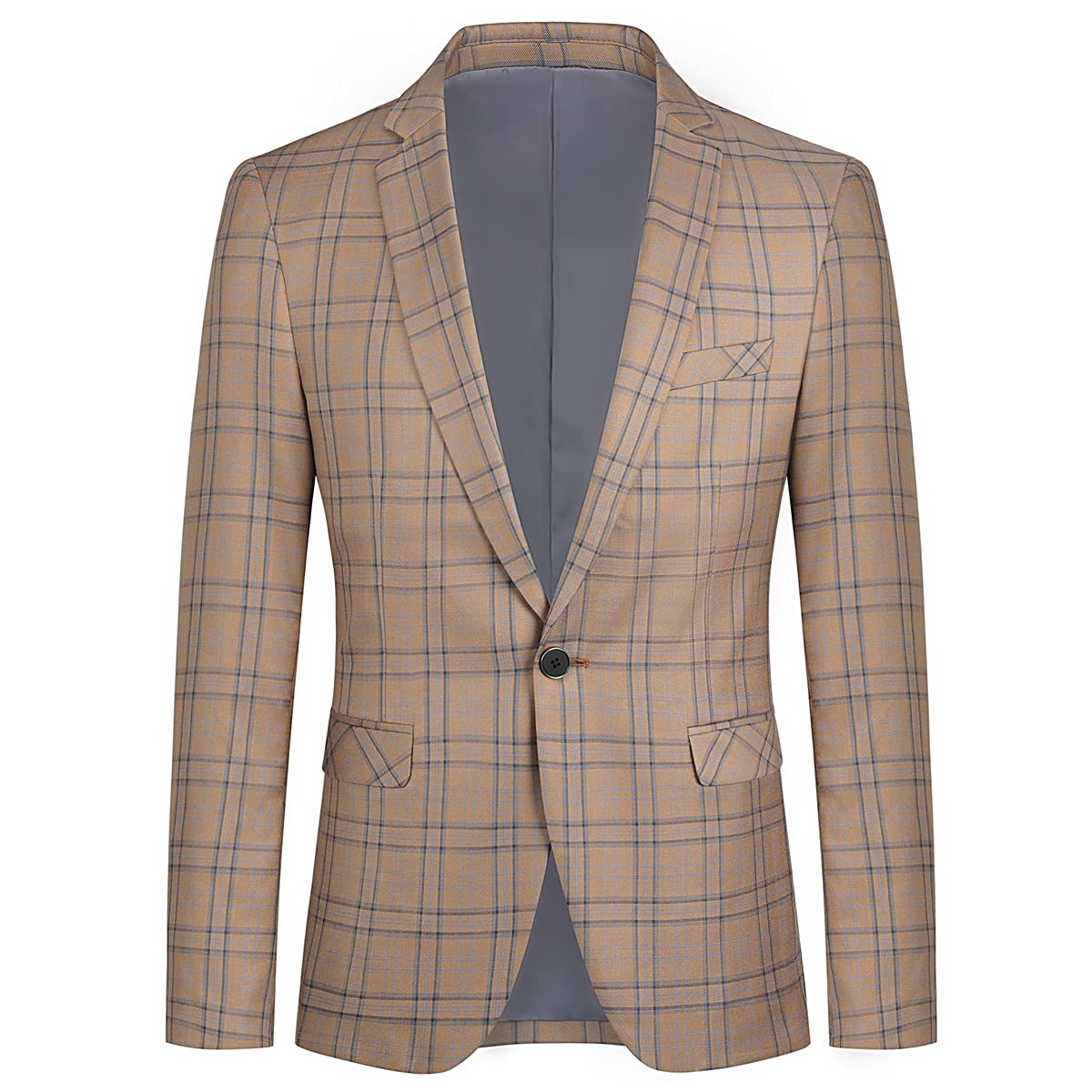 Dark Khaki # Men's slim fit plaid suit blazer, 1-button notched lapel single-breasted sport coat jacket with stylish tartan pattern, versatile dark khaki checkered blazer for wedding, prom, business, party and daily wear, isolated on white background.