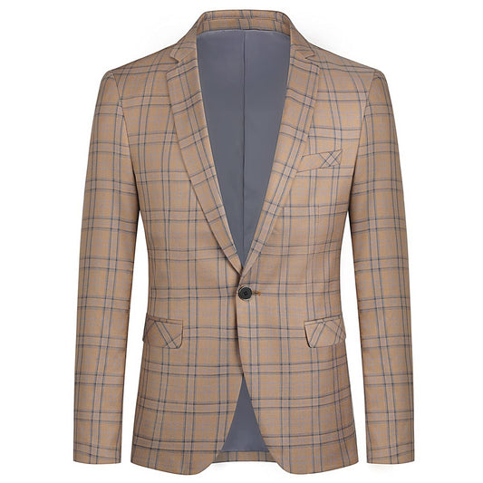 Dark Khaki # Men's slim fit plaid suit blazer, 1-button notched lapel single-breasted sport coat jacket with stylish tartan pattern, versatile dark khaki checkered blazer for wedding, prom, business, party and daily wear, isolated on white background.