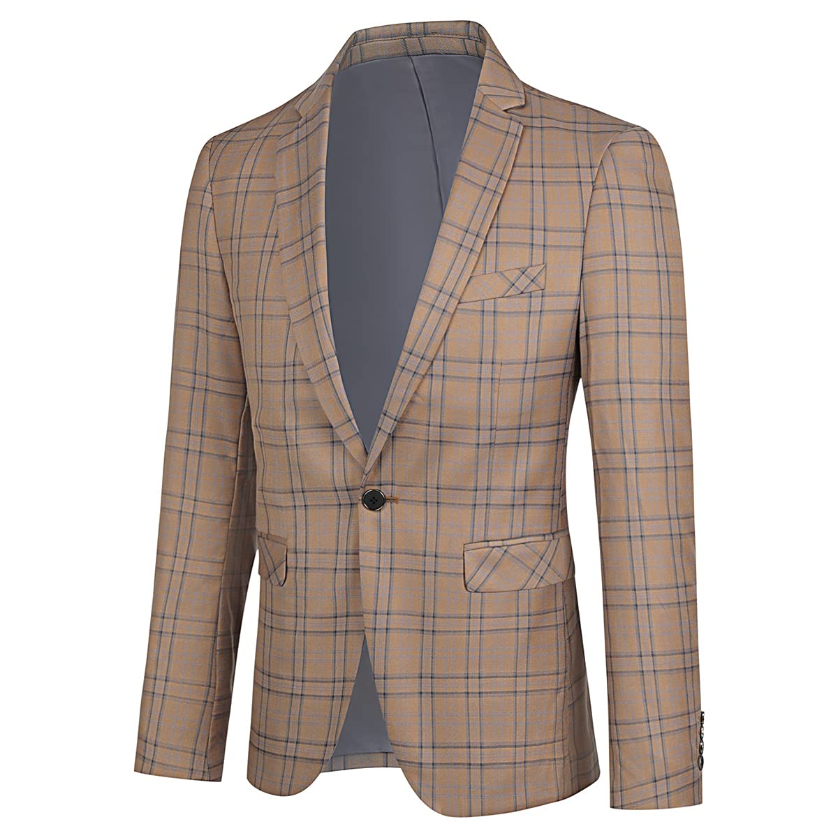 Dark Khaki # Men's slim fit plaid suit blazer, 1-button notched lapel single-breasted sport coat jacket with stylish tartan pattern, versatile dark khaki checkered blazer for wedding, prom, business, party and daily wear, isolated on white background.