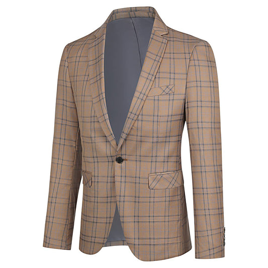 Dark Khaki # Men's slim fit plaid suit blazer, 1-button notched lapel single-breasted sport coat jacket with stylish tartan pattern, versatile dark khaki checkered blazer for wedding, prom, business, party and daily wear, isolated on white background.