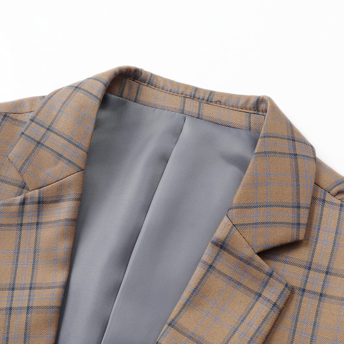 Dark Khaki # Men's slim fit plaid suit blazer, 1-button notched lapel single-breasted sport coat jacket with stylish tartan pattern, versatile dark khaki checkered blazer for wedding, prom, business, party and daily wear, isolated on white background.