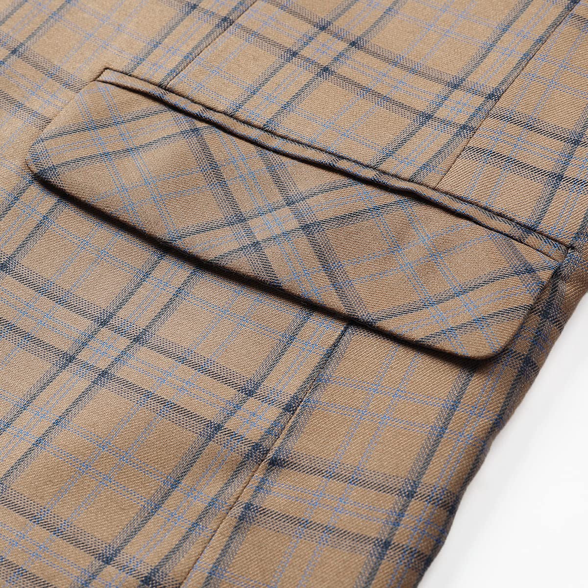 Dark Khaki # Men's slim fit plaid suit blazer, 1-button notched lapel single-breasted sport coat jacket with stylish tartan pattern, versatile dark khaki checkered blazer for wedding, prom, business, party and daily wear, isolated on white background.