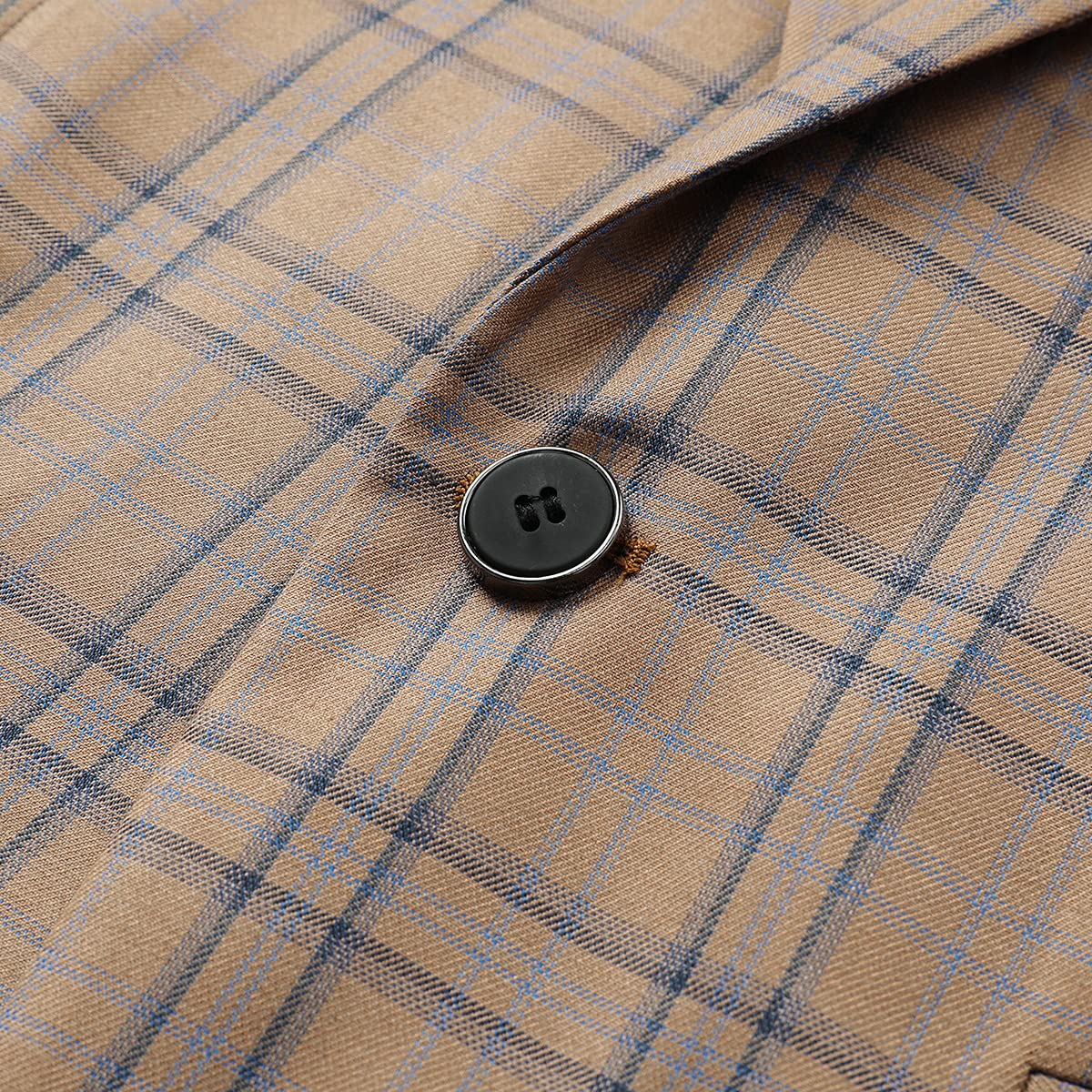 Dark Khaki # Men's slim fit plaid suit blazer, 1-button notched lapel single-breasted sport coat jacket with stylish tartan pattern, versatile dark khaki checkered blazer for wedding, prom, business, party and daily wear, isolated on white background.