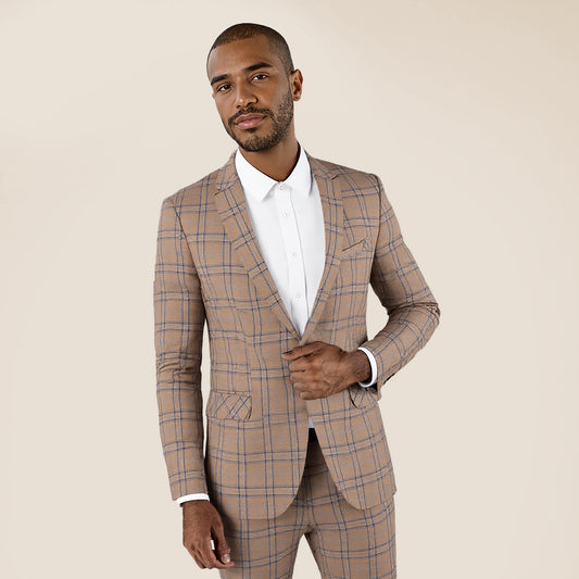 Dark Khaki # Men's slim fit plaid suit blazer, 1-button notched lapel single-breasted sport coat jacket with stylish tartan pattern, versatile dark khaki checkered blazer for wedding, prom, business, party and daily wear, isolated on white background.