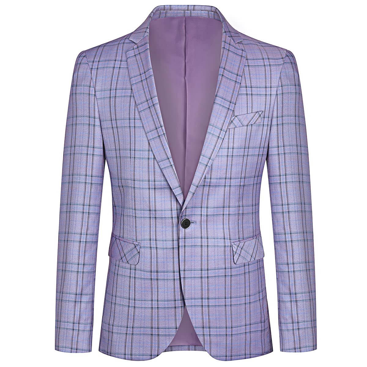 Purple # Men's slim fit 1-button plaid suit blazer, notched lapel single-breasted sport coat jacket with back vent and buttoned cuffs, stylish purple checkered pattern for wedding, prom, business, party and daily wear, isolated on white background.