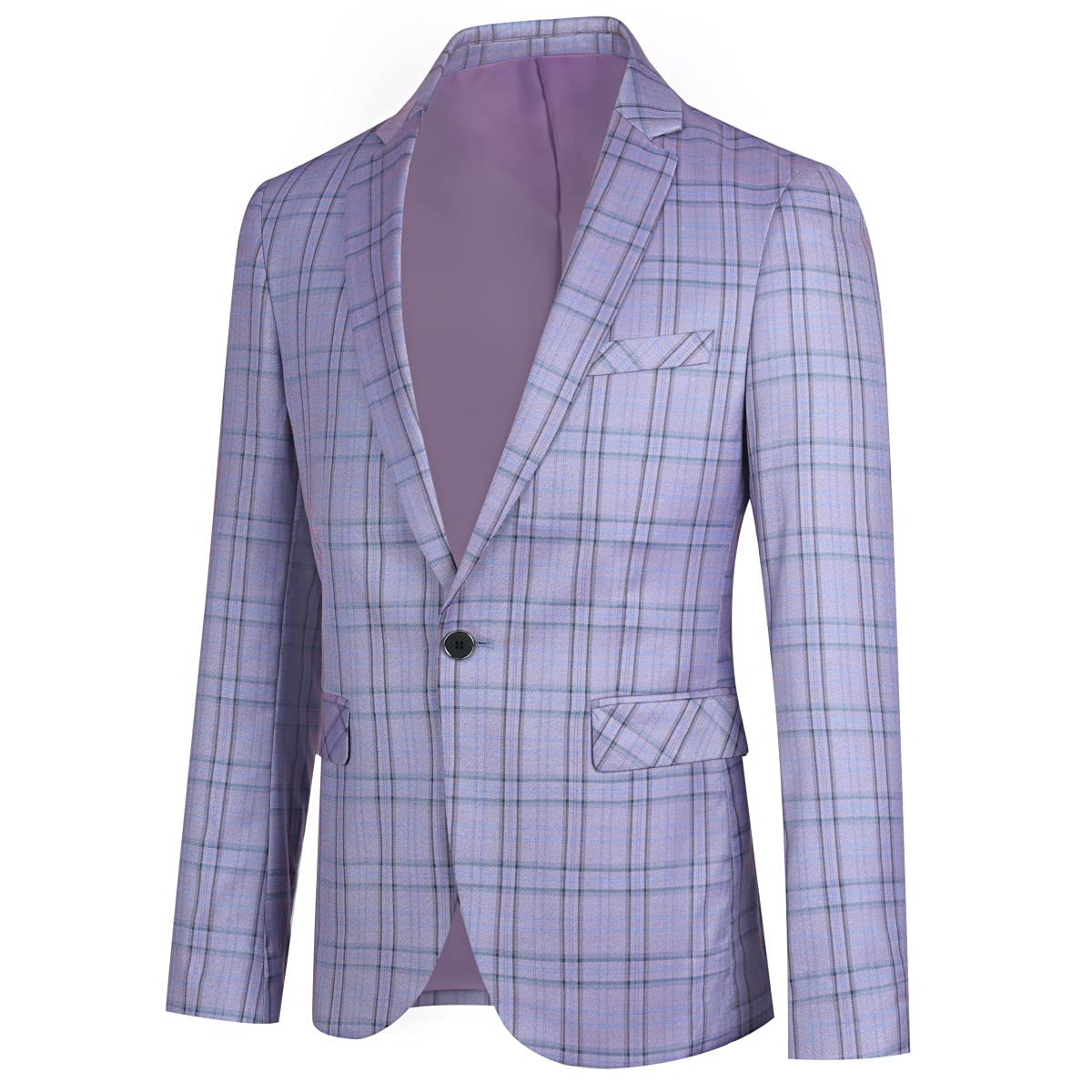 Purple # Men's slim fit 1-button plaid suit blazer, notched lapel single-breasted sport coat jacket with back vent and buttoned cuffs, stylish purple checkered pattern for wedding, prom, business, party and daily wear, isolated on white background.