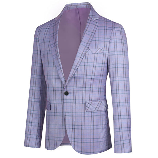 Purple # Men's slim fit 1-button plaid suit blazer, notched lapel single-breasted sport coat jacket with back vent and buttoned cuffs, stylish purple checkered pattern for wedding, prom, business, party and daily wear, isolated on white background.