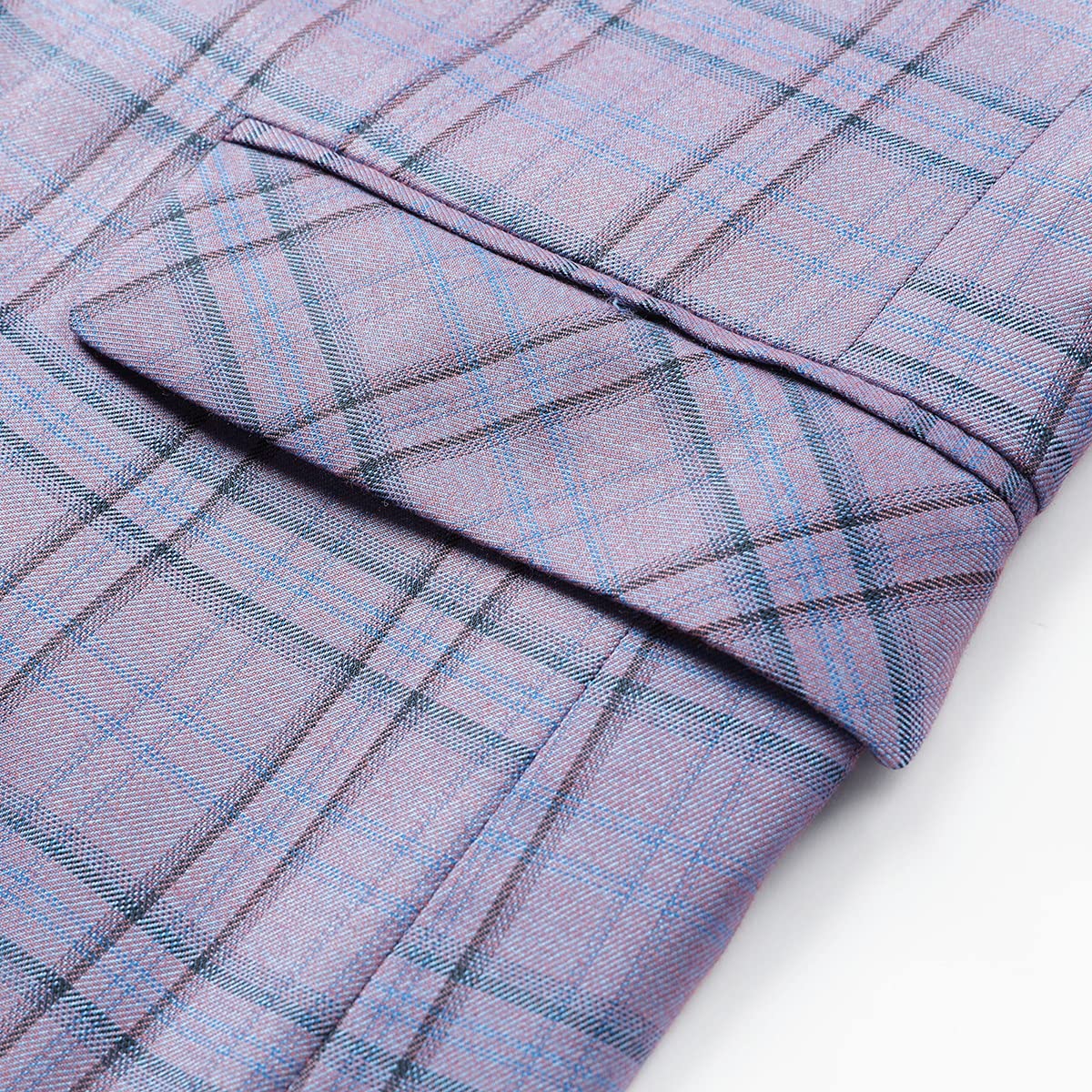 Purple # Men's slim fit 1-button plaid suit blazer, notched lapel single-breasted sport coat jacket with back vent and buttoned cuffs, stylish purple checkered pattern for wedding, prom, business, party and daily wear, isolated on white background.