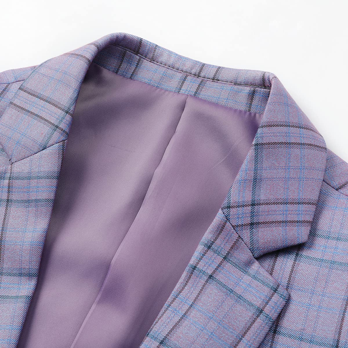 Purple # Men's slim fit 1-button plaid suit blazer, notched lapel single-breasted sport coat jacket with back vent and buttoned cuffs, stylish purple checkered pattern for wedding, prom, business, party and daily wear, isolated on white background.