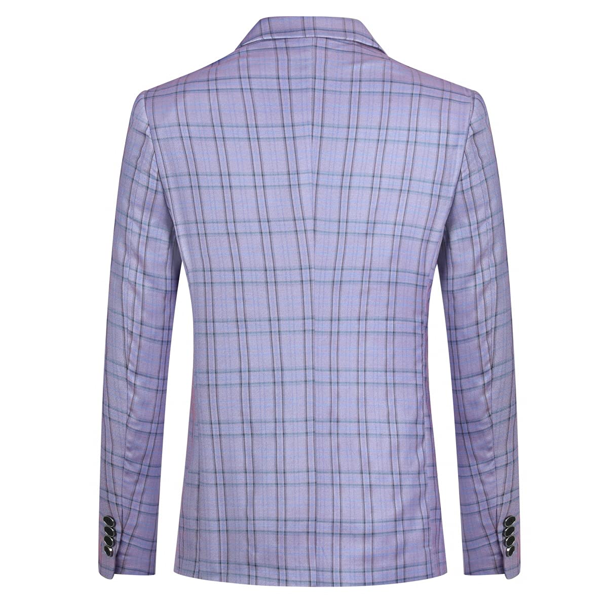 Purple # Men's slim fit 1-button plaid suit blazer, notched lapel single-breasted sport coat jacket with back vent and buttoned cuffs, stylish purple checkered pattern for wedding, prom, business, party and daily wear, isolated on white background.