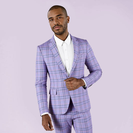 Purple # Men's slim fit 1-button plaid suit blazer, notched lapel single-breasted sport coat jacket with back vent and buttoned cuffs, stylish purple checkered pattern for wedding, prom, business, party and daily wear, isolated on white background.