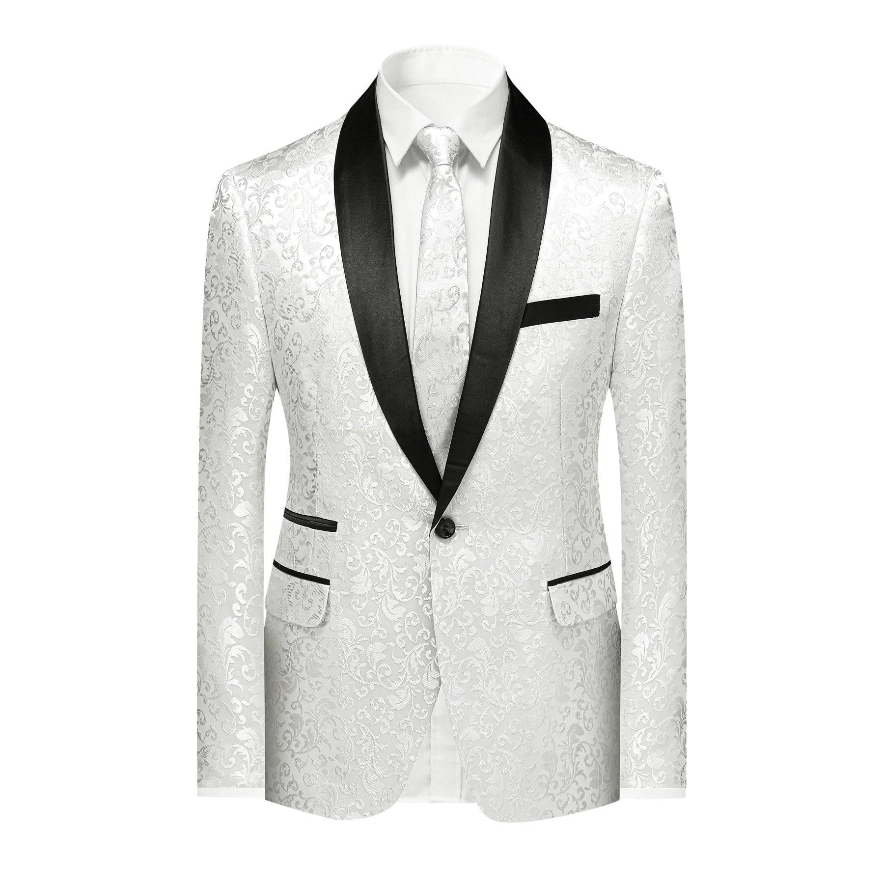 White # Men's floral jacquard dress suit jacket with black shawl collar and single-breasted closure, white printed tux blazer with center vent, exquisite floral pattern, 3D tailored fit and full shoulder design, versatile formal coat for party, prom, wedding, banquet and celebration, isolated on white background.