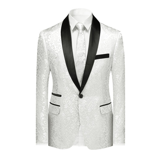 White # Men's floral jacquard dress suit jacket with black shawl collar and single-breasted closure, white printed tux blazer with center vent, exquisite floral pattern, 3D tailored fit and full shoulder design, versatile formal coat for party, prom, wedding, banquet and celebration, isolated on white background.