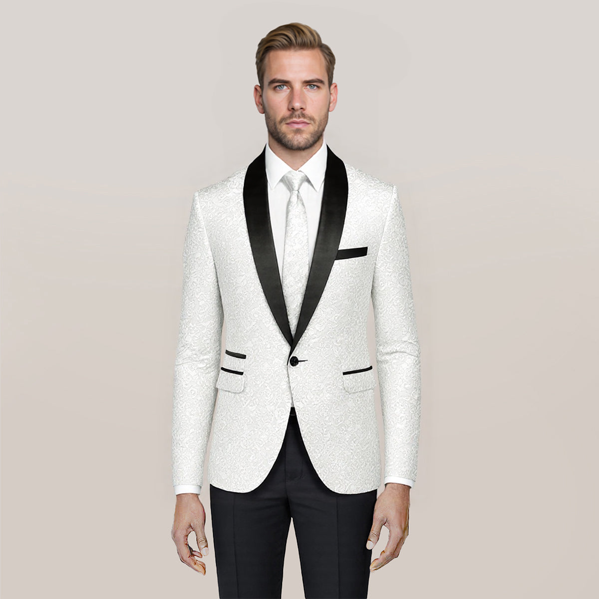 White # Men's floral jacquard dress suit jacket with black shawl collar and single-breasted closure, white printed tux blazer with center vent, exquisite floral pattern, 3D tailored fit and full shoulder design, versatile formal coat for party, prom, wedding, banquet and celebration, isolated on white background.