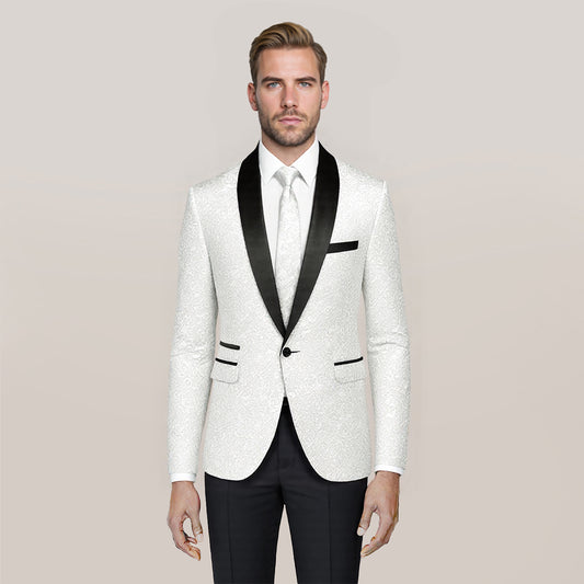 White # Men's floral jacquard dress suit jacket with black shawl collar and single-breasted closure, white printed tux blazer with center vent, exquisite floral pattern, 3D tailored fit and full shoulder design, versatile formal coat for party, prom, wedding, banquet and celebration, isolated on white background.