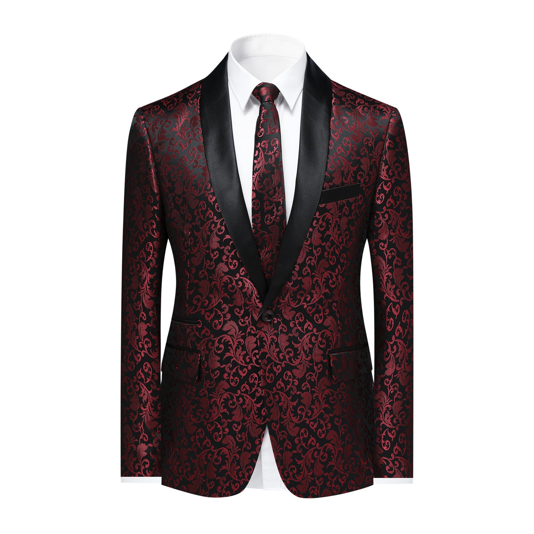 Red # Men's floral jacquard dress suit jacket with black shawl collar and single-breasted closure, red printed tux blazer with center vent, exquisite floral pattern, 3D tailored fit and full shoulder design, versatile formal coat for party, prom, wedding, banquet and celebration, isolated on white background.